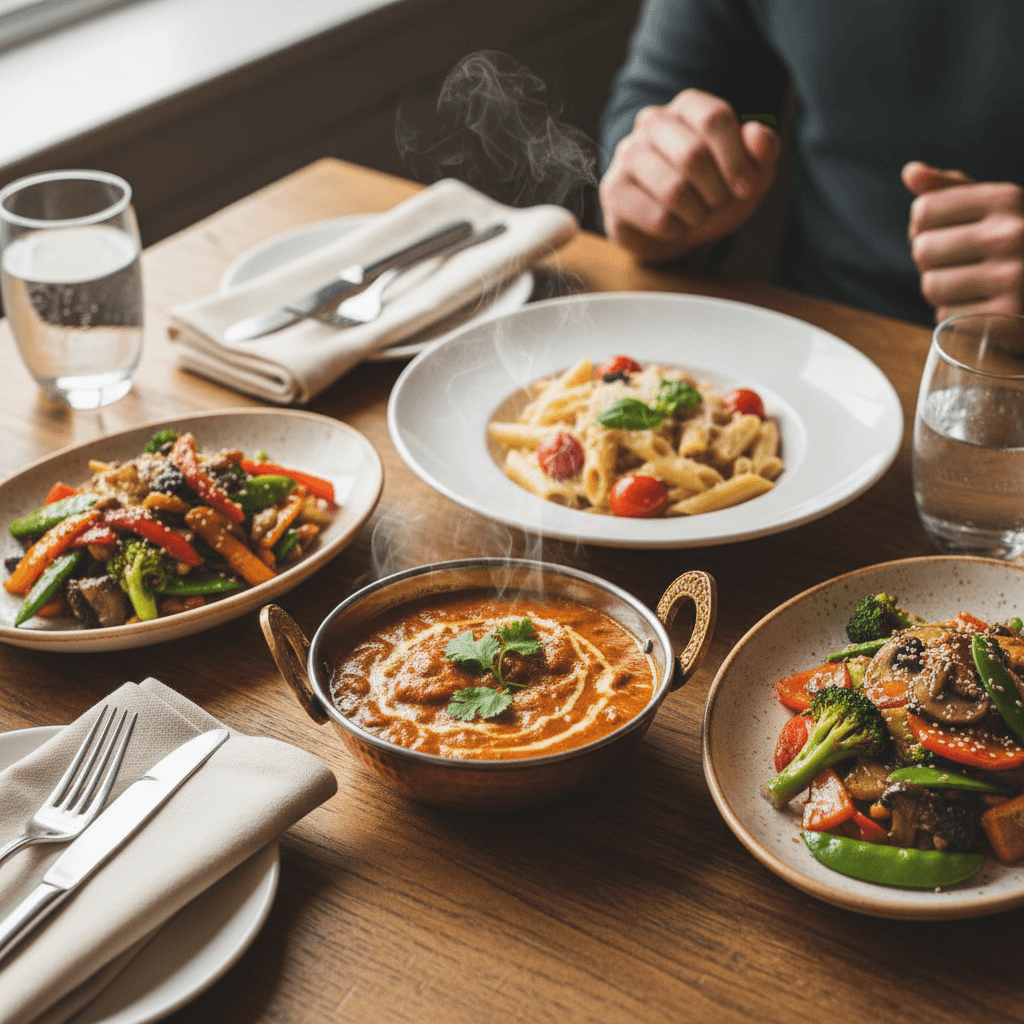 Complete multi-course vegetarian dinner spread at Punjabi Chaap Corner