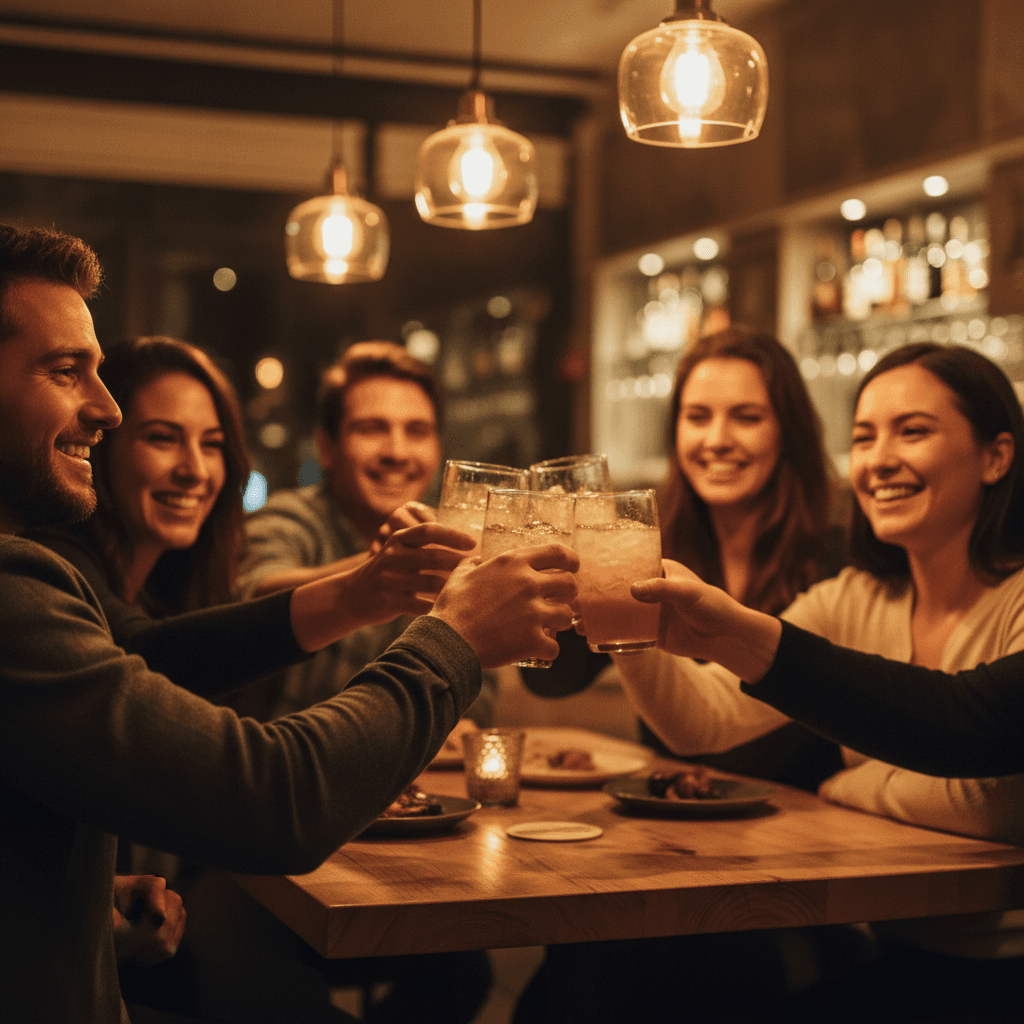 Couple toasting with drinks during dinner