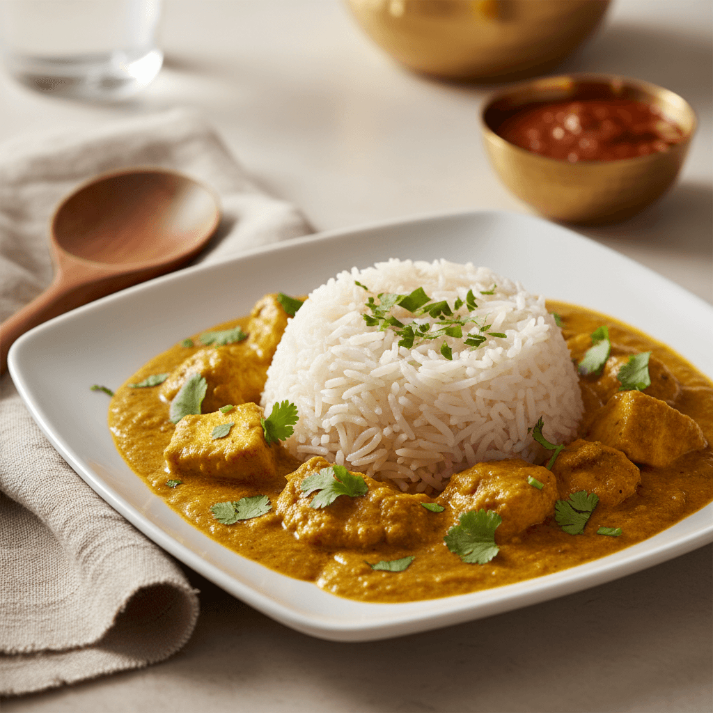 Punjabi chaap curry plated with basmati rice
