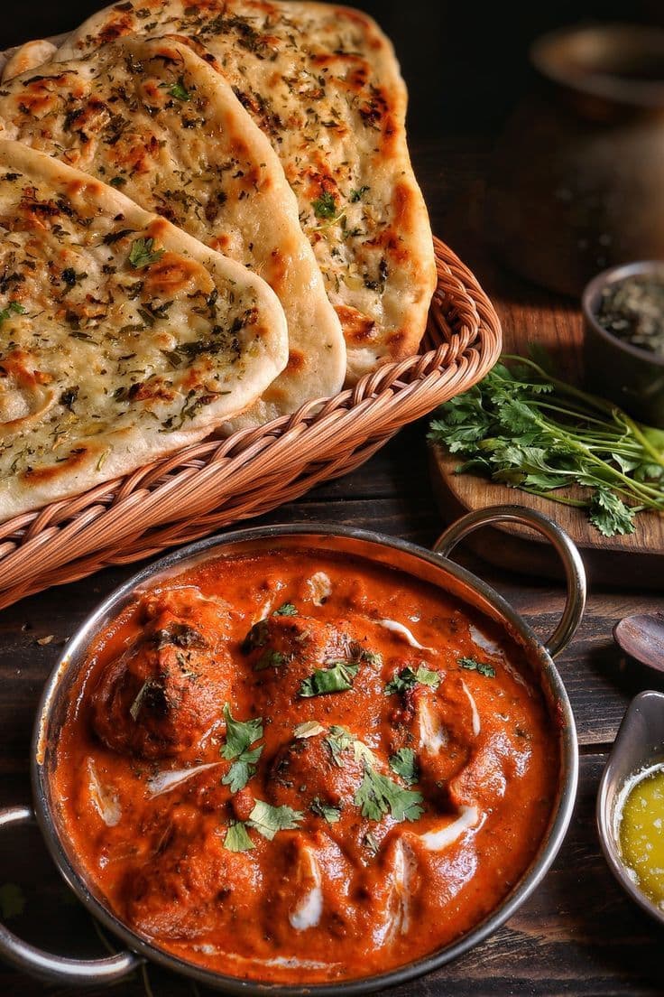 Rich butter chicken curry topped with cream and cilantro, served with warm garlic naan.